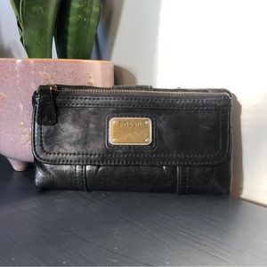FOSSIL BLACK LEATHER EMORY CLUTCH WALLET